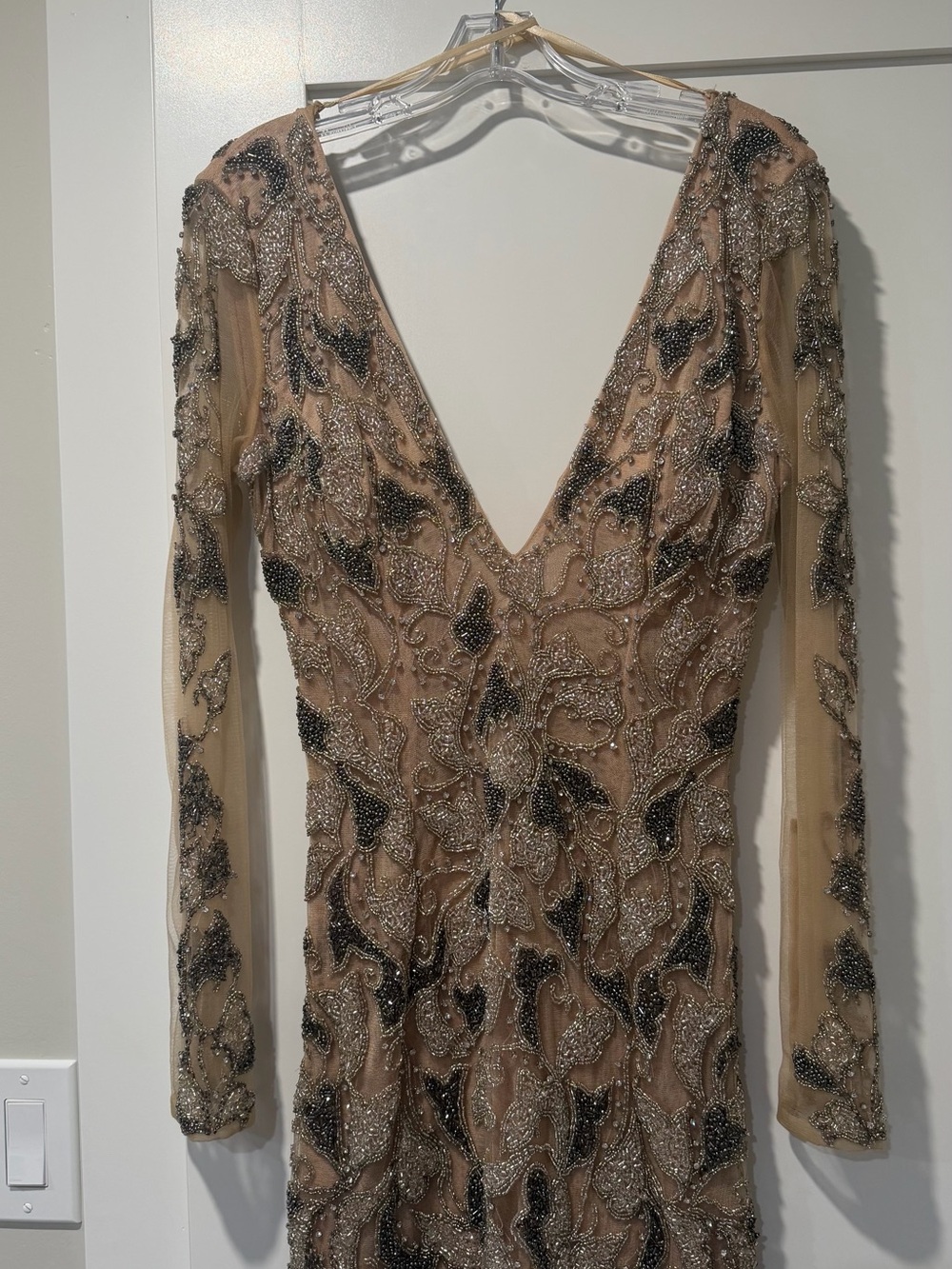 Jovani Embellished Nude Long-Sleeve V-Neck Evening Dress